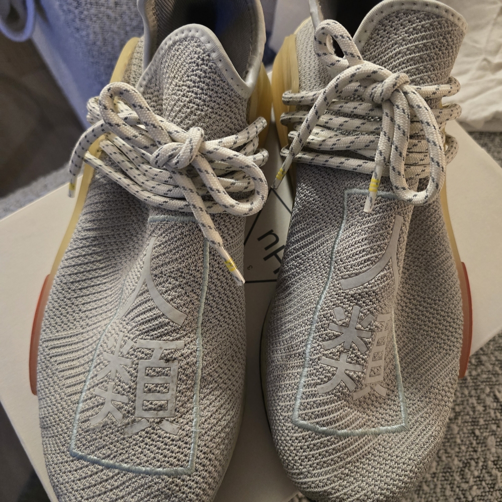 Adidas NMD HU Pharrell Nerd N.E.R.D Beige Knit Sneakers with Asian Script